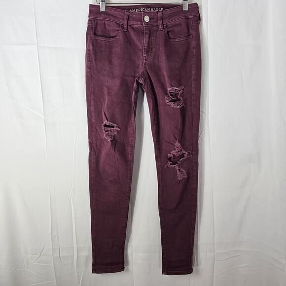 American Eagle Outfitters Womens Maroon Jeggings Skinny Stretch Sz 4 Distressed - Picture 1 of 12